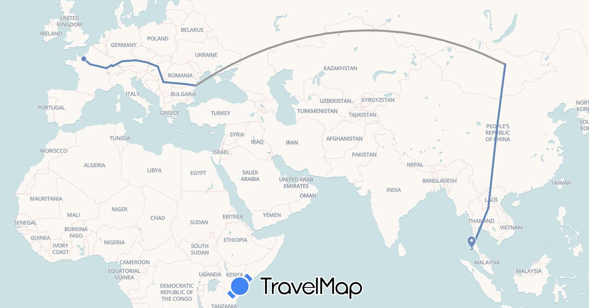 TravelMap itinerary: driving, plane, cycling in Austria, Switzerland, Germany, France, Hungary, Laos, Mongolia, Romania, Serbia, Thailand (Asia, Europe)